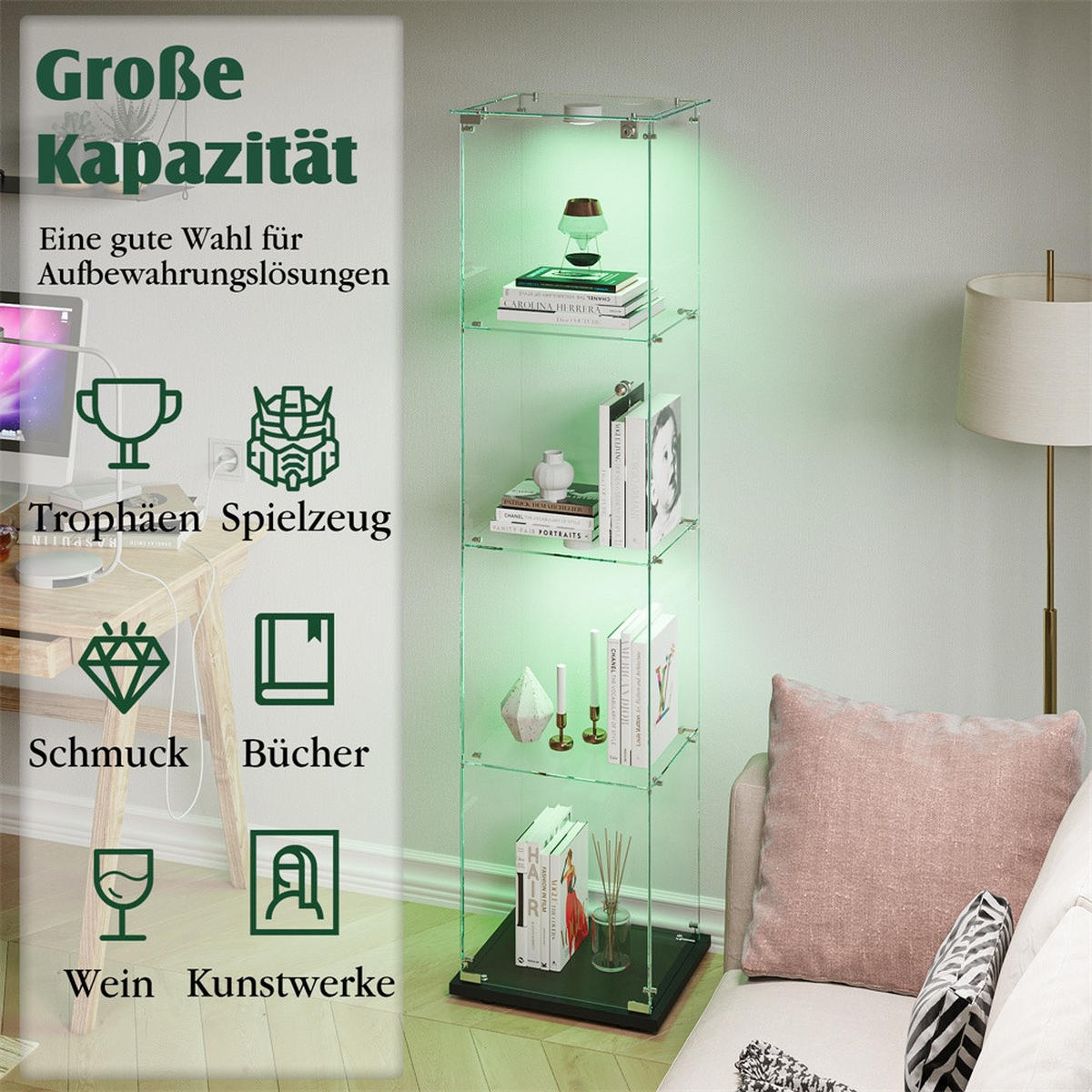 VITRINE - Glasvitrine mit 1 Tür und 4 Ebenen - integrierte LED-Spot-Beleuchtung - Schwarz - Schwarz, Glas (39.8/163/35cm) - DELFA