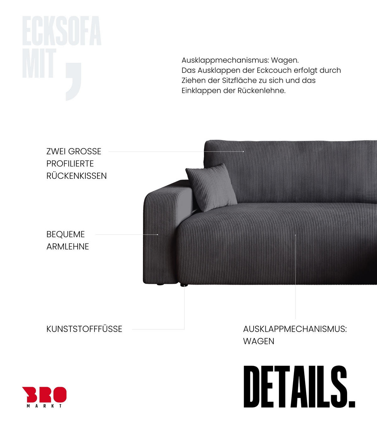 ECKSOFA PUMI XL mit Schlaffunktion Grau Cord - Grau, Textil (274/148cm) - Bromarkt