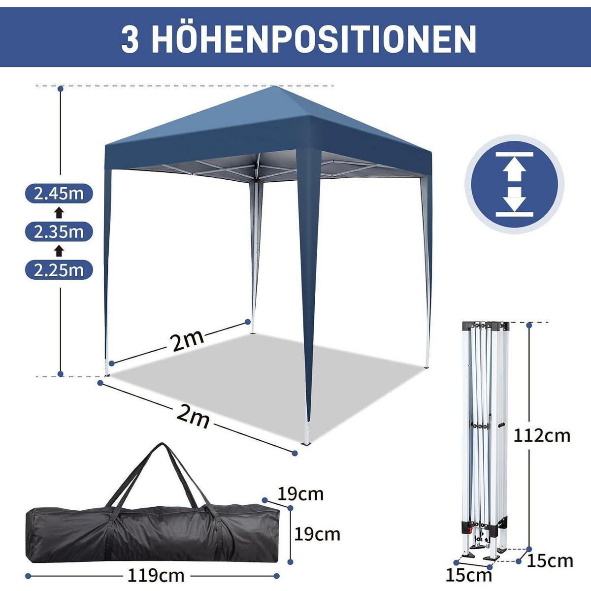 FALTPAVILLON 2 x 2 m blau mit 4 Seitenteilen - Blau, Textil (200/245/200cm)