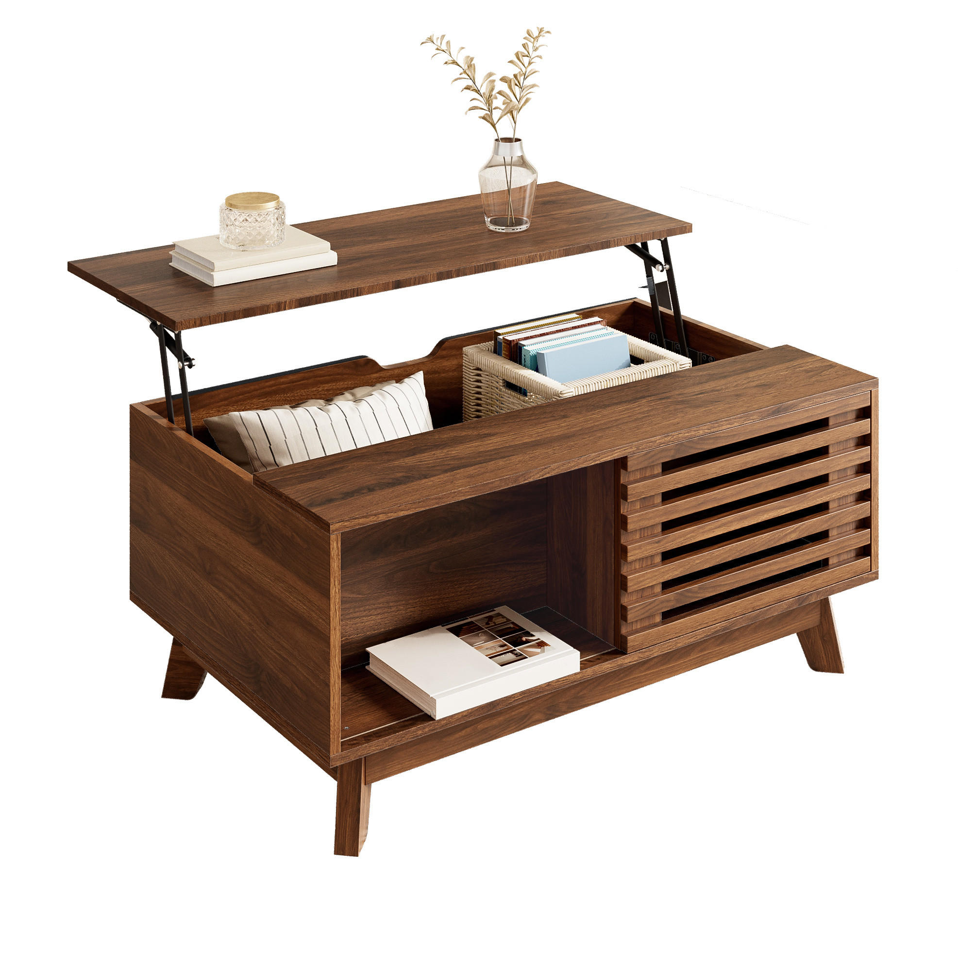 Modfu KONFERENČNÍ stolek z MDF 90x55x57,5 cm ořechová barva s výškově nastavitelnou deskou a posuvnými lamelovými dvířky
