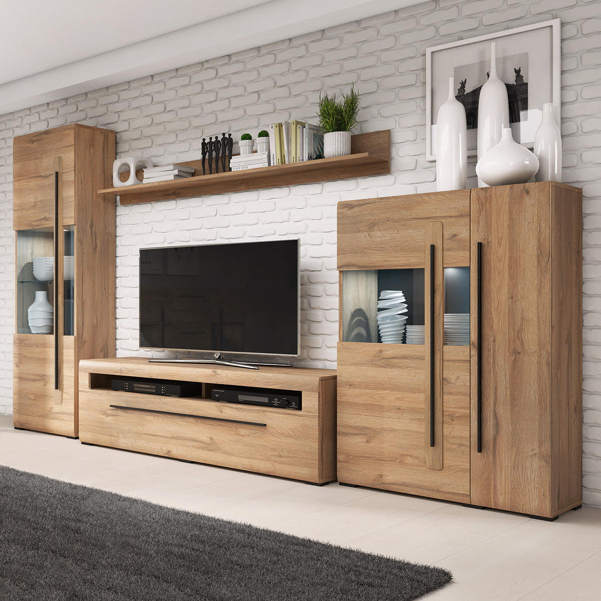 WOHNWAND - 4-teilig - Eichefarben/Schwarz, Holzwerkstoff/Kunststoff (330/204/50cm) - home24