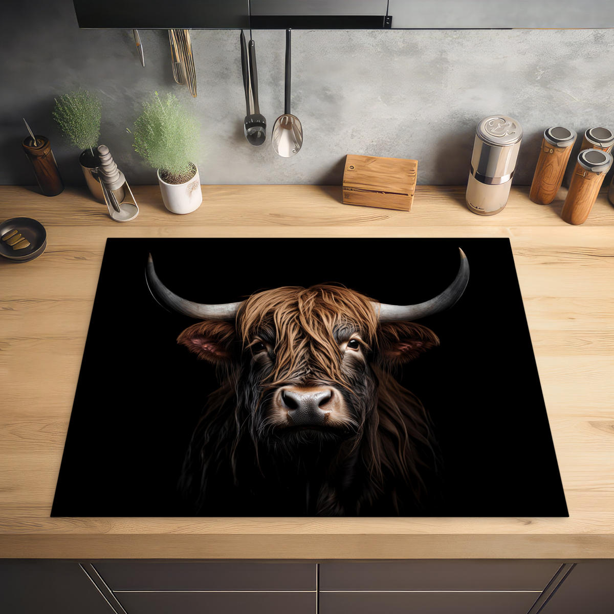 HERABDECKPLATTE - Schottischer Highlander - Porträt - Schwarz - Tier - 80x55 - Braun, Kunststoff (80/55/0.2cm) - MuchoWow