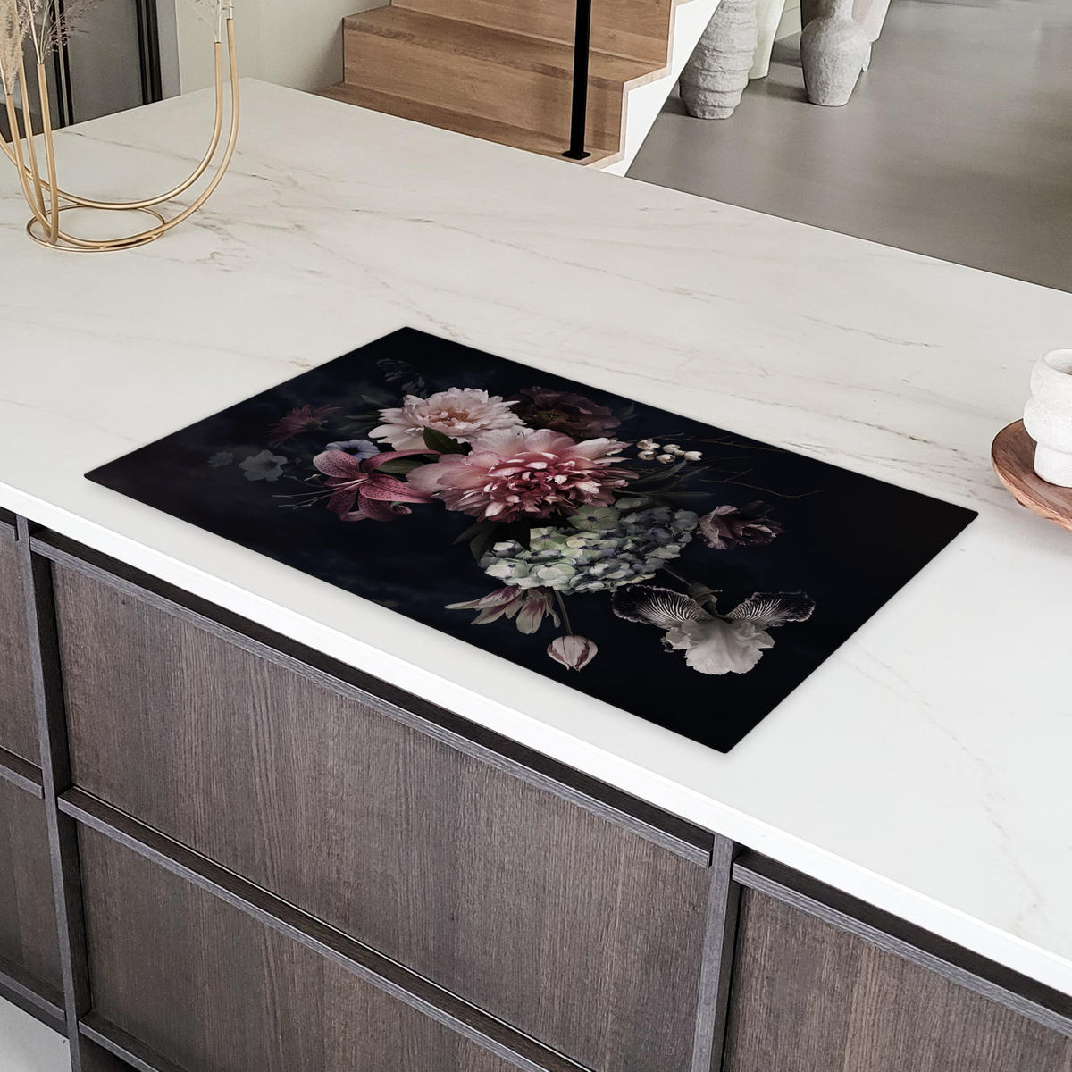 HERDABDECKPLATTE Blumen - Vintage - Pastell - Rosa - Weiß Induktionsschutz 89.6x51.6 cm - Altrosa, Kunststoff (89.6/51.6/0.2cm) - MuchoWow