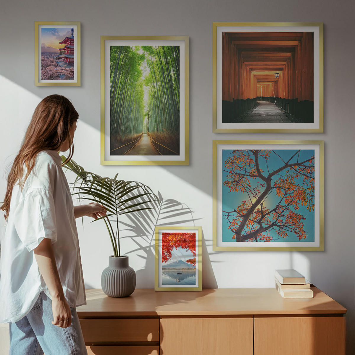 WANDBILDER 5er Set - 50x50 cm & 20x30 cm & 40x60 cm Goldrahmen - Meerblick, farbenfrohe Häuser - Goldfarben, Kunststoff (40/60cm) - ArtPrintCave