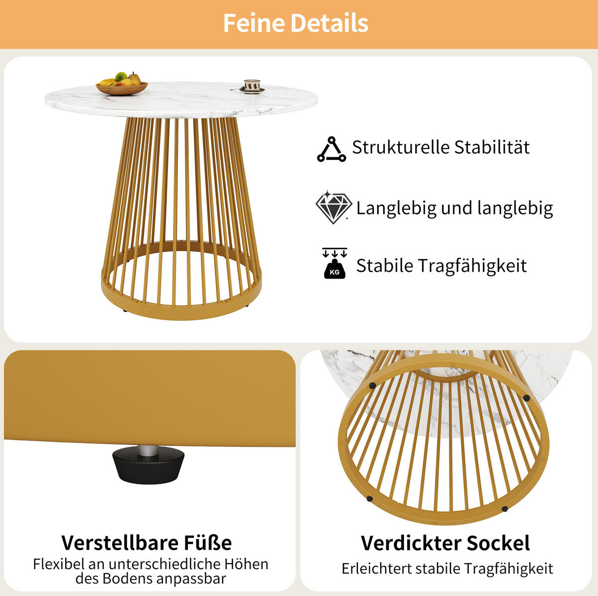 ESSTISCH 80/80/76 cm in Weiß mit Marmoroptik und goldfarbenem Metallgestell - Goldfarben, Holzwerkstoff (80/80/76cm) - Flora Grace