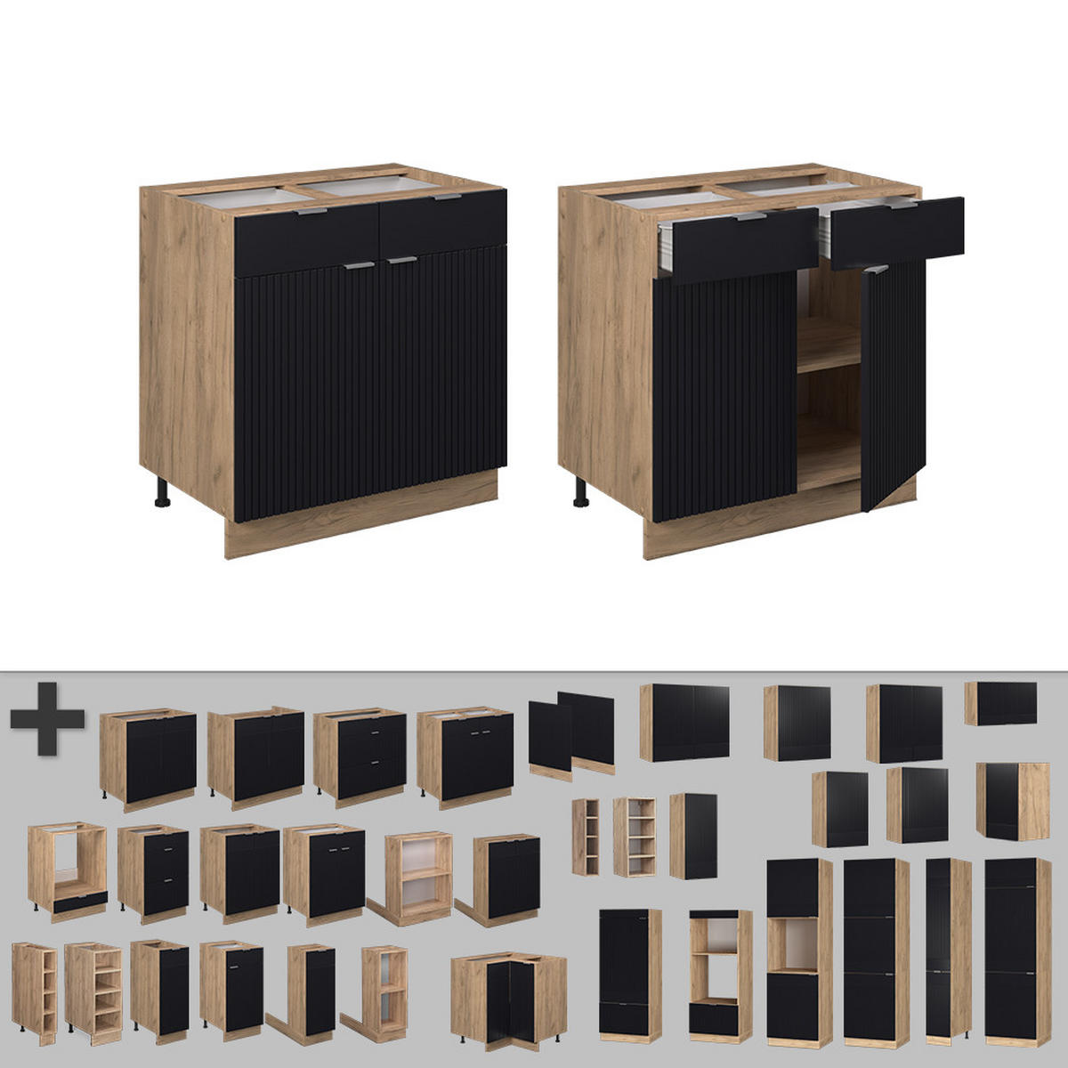 KÜCHENUNTERSCHRANK Fame-Line, Schwarz gestreift, 80 cm, AP Anthrazit - Eiche Wotan/Schwarz, Holzwerkstoff (80/82/60cm) - Vicco