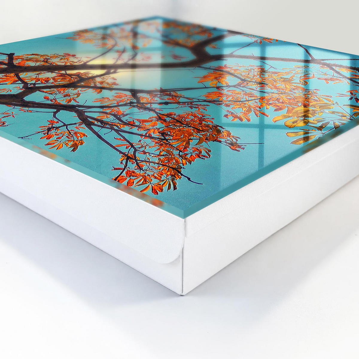 SCHLÜSSELBOX Weiß 30x30 cm – Türöffnung nach rechts - Herbstbaum - Blau, Metall (30/30/5cm) - TULUP