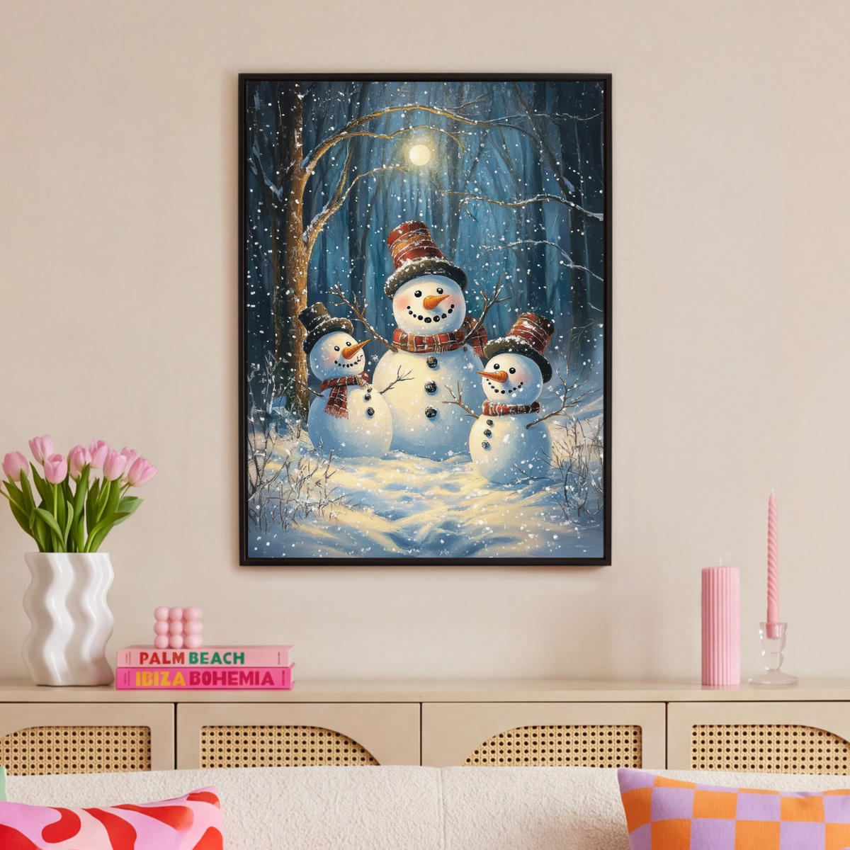 LEINWAND Bilder mit Rahmen - Schneemann - Schnee - Winter - Wald - 70x100 - Hellblau, Textil (70/100cm) - MuchoWow