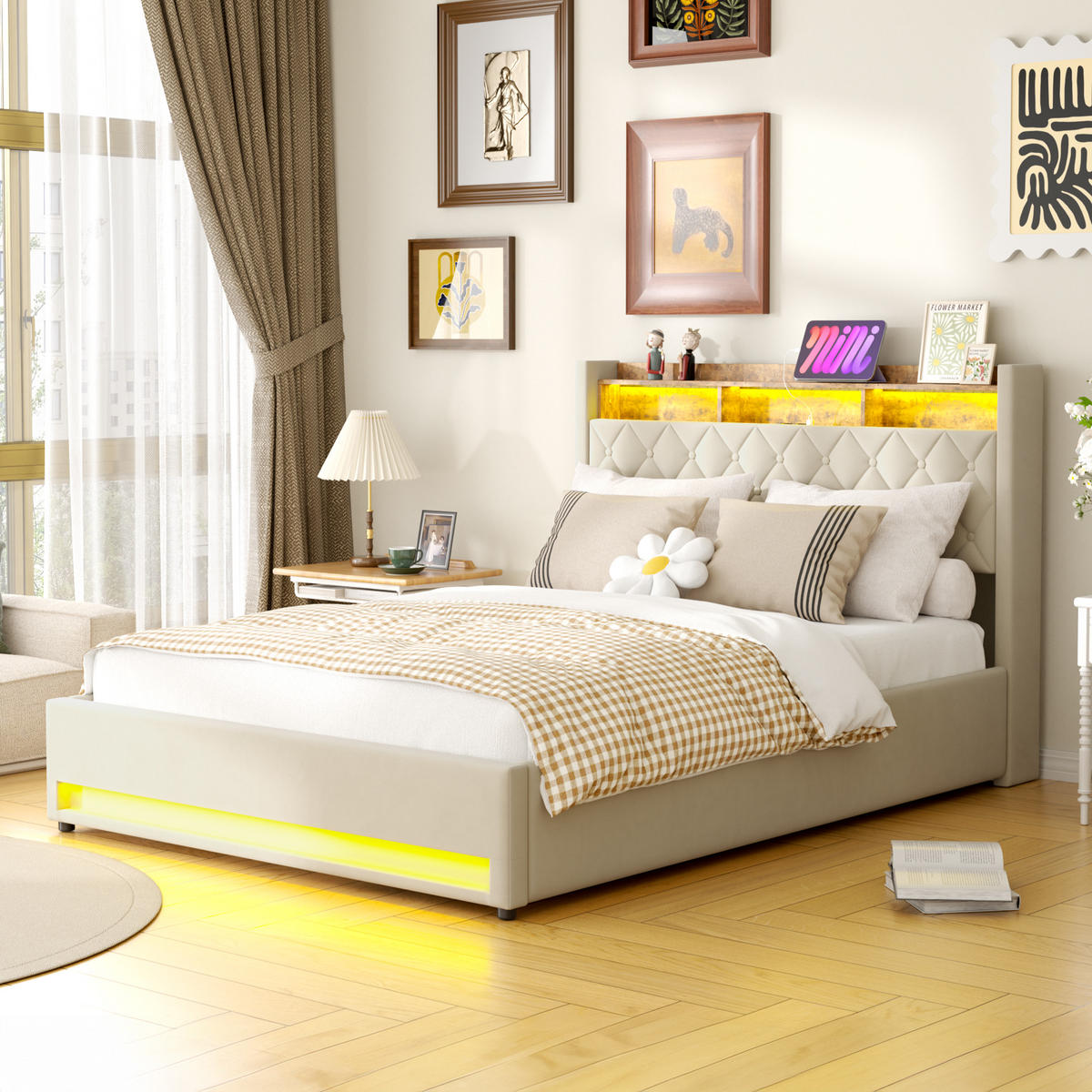 POLSTERBETT 160/200 cm Beige mit LED-Lichtleiste und USB-Anschlüssen - Beige, Holzwerkstoff (160/200cm) - OKWISH