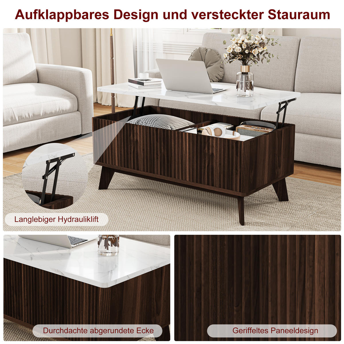 COUCHTISCH NUSSBAUM klappbare Tischplatte & großes Fach - Walnussfarben, Holz (105/32/42cm) - SHOPENTRA
