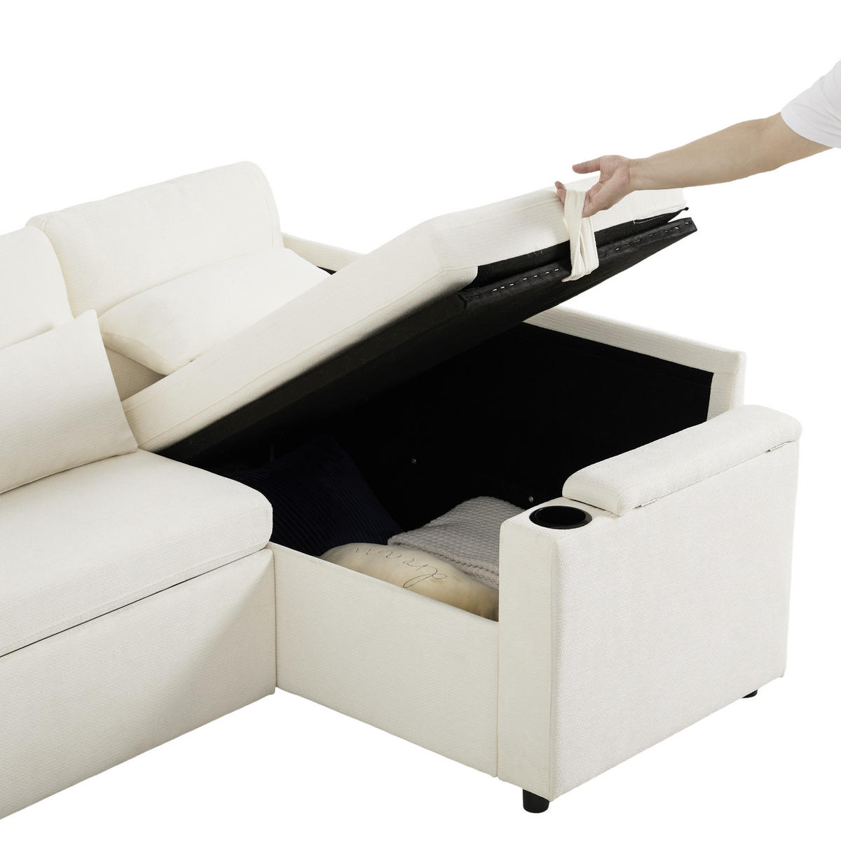 ECKSCHLAFSOFA Chenille Beige mit Stauraum, USB und Kissen - Beige, Holzwerkstoff/Kunststoff (206.5/141cm) - WISHDOR