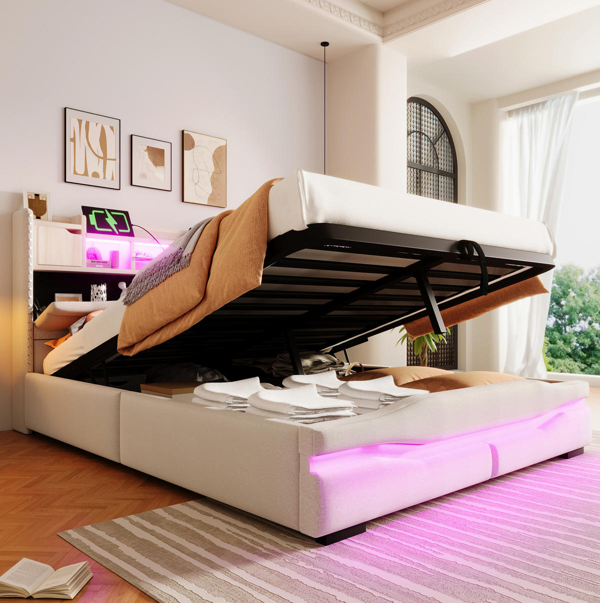 POLSTERBETT aus Leinen 140x200 cm in Beige mit LED-Beleuchtung & USB-C - Beige, Textil (140/200cm) - Modfu