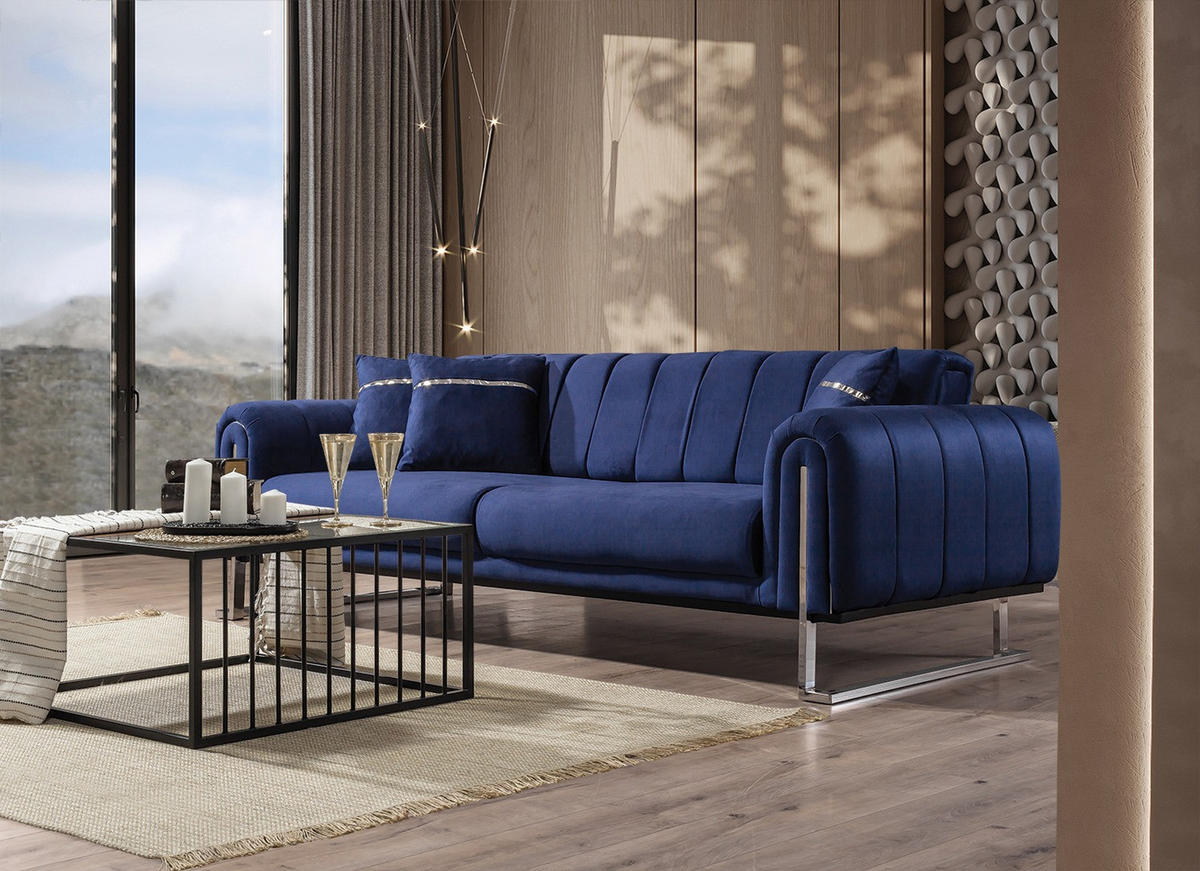 3 Sitzer SOFA Wave Samt Blau - Blau, Textil/Metall (225/78/95cm) - Villa Möbel