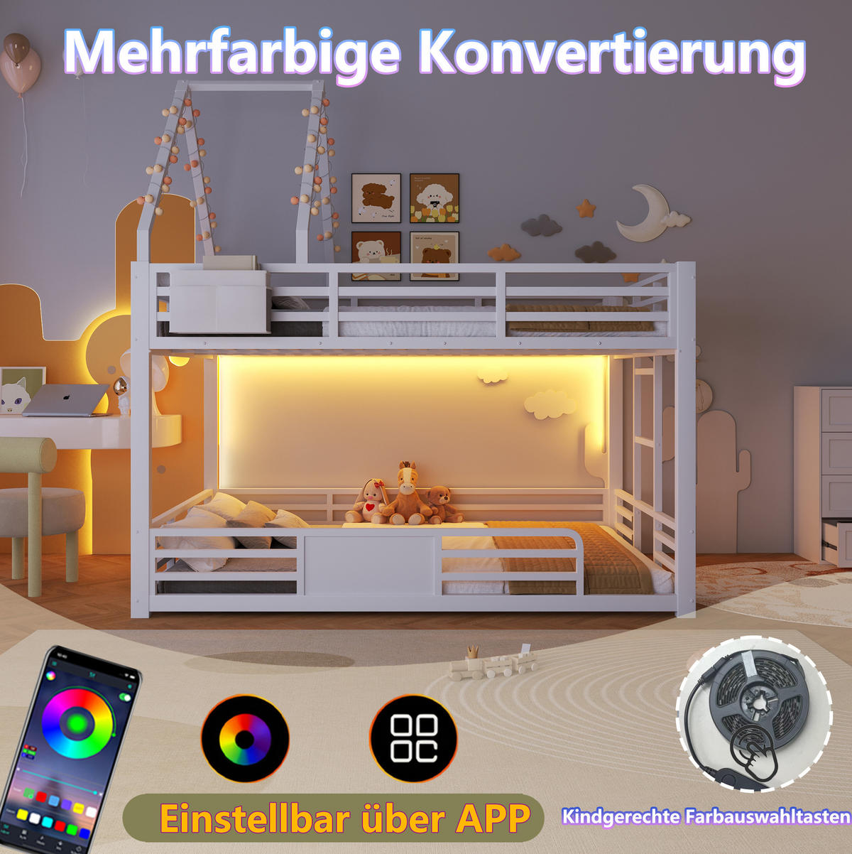 ETAGENBETT Metall & MDF 140x200 cm Weiß mit LED-Beleuchtung, Hausbett-Design und Stofftaschen - Weiß, Metall (140/200cm) - Modfu