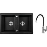 SPÜLEN-SET Barbados Schwarz, 3-teilig, Doppelbecken, mit Armatur, 48/78/18,5 cm - Schwarz, Stein (48/18.5/78cm) - bad land