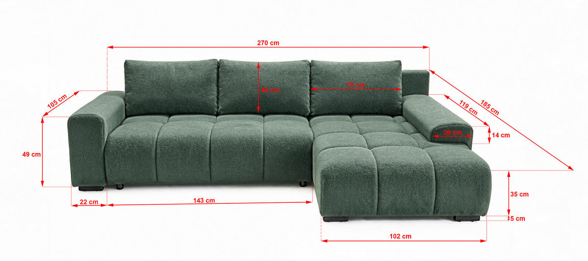 ECKSOFA Ovia mit Bettkasten und Schlaffunktion, Bouclé-Stoff in L-Form - Grün, Textil (270/185cm)