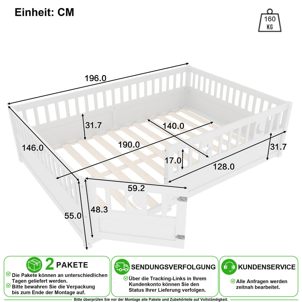 KINDERBETT 140/190 cm in Weiß mit Sicherheitsgitter und Stern- & Monddekor - Weiß, Holz/Holzwerkstoff (140/190cm) - CHICFURN