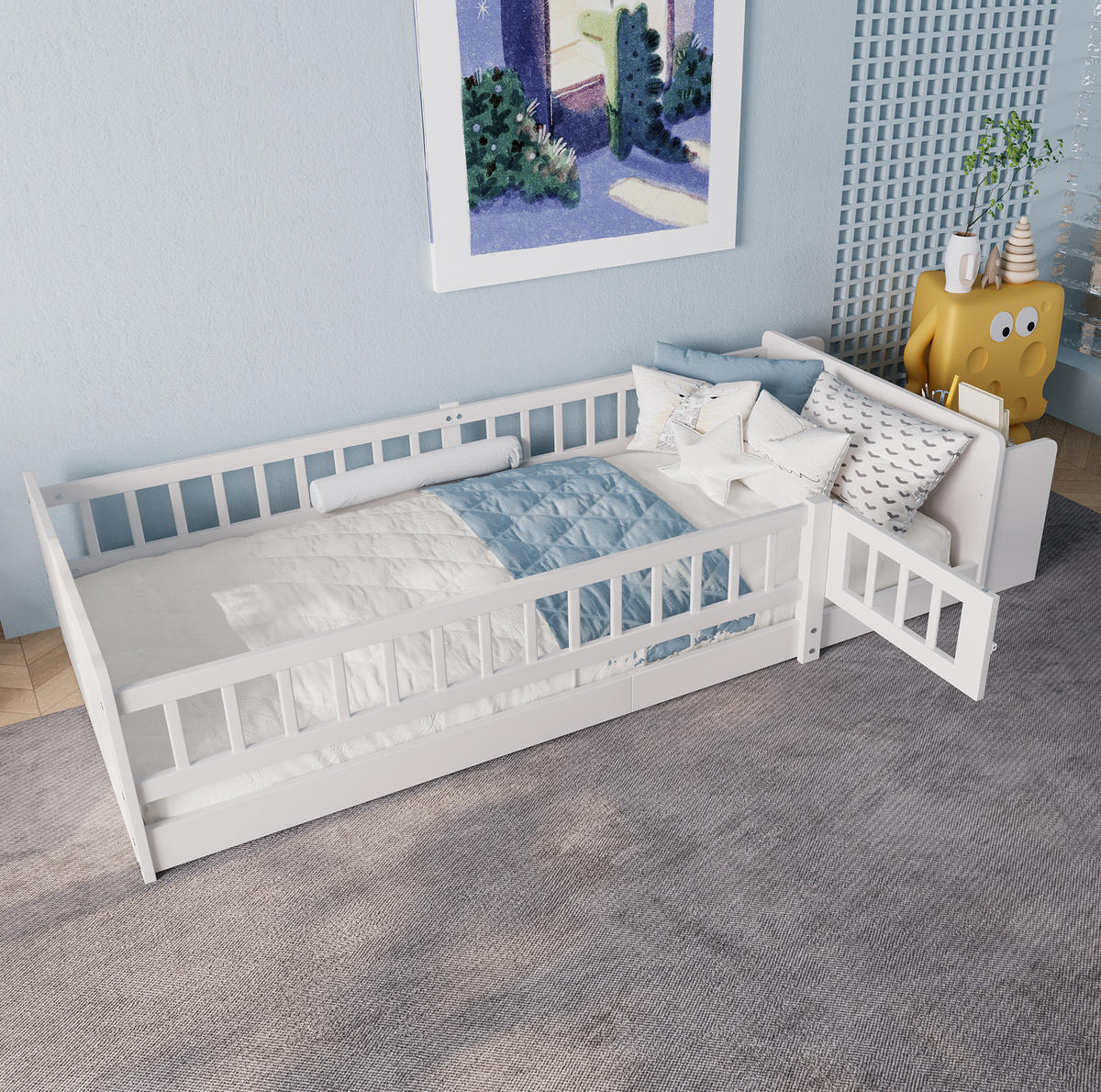 KINDERBETT aus Kiefernholz und MDF 90x200 cm Weiß mit offenem Stauraum und Regalen - Weiß, Holzwerkstoff (90/200cm) - IVMEU