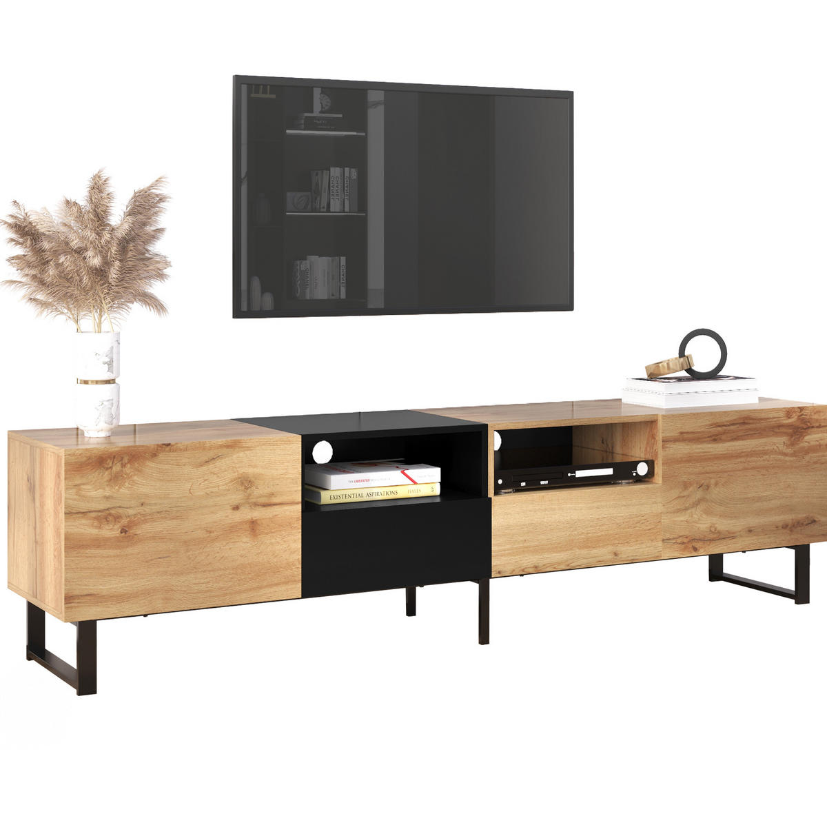 TV-LOWBOARD aus MDF 190x38x48 cm Schwarz/Naturholz mit 2 Türen, 2 Schubladen und viel Stauraum - Naturfarben, Holzwerkstoff (190/48/38cm) - Modfu