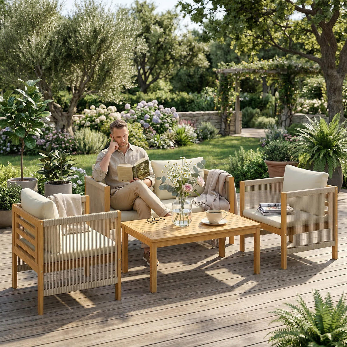 GARTENSET 4-teilig Beige 120.0/60.0/64.0 cm - Beige, Holz