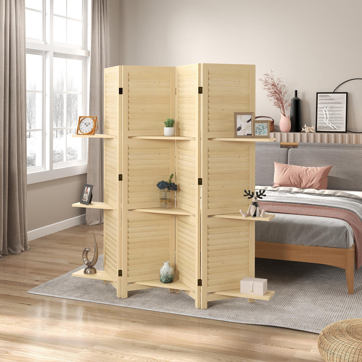 PARAVENT DE-14258 4-teilig, klappbar, mit 3 Regalböden Natur - Naturfarben, Holz (160/160/1.9cm) - ComfortXL