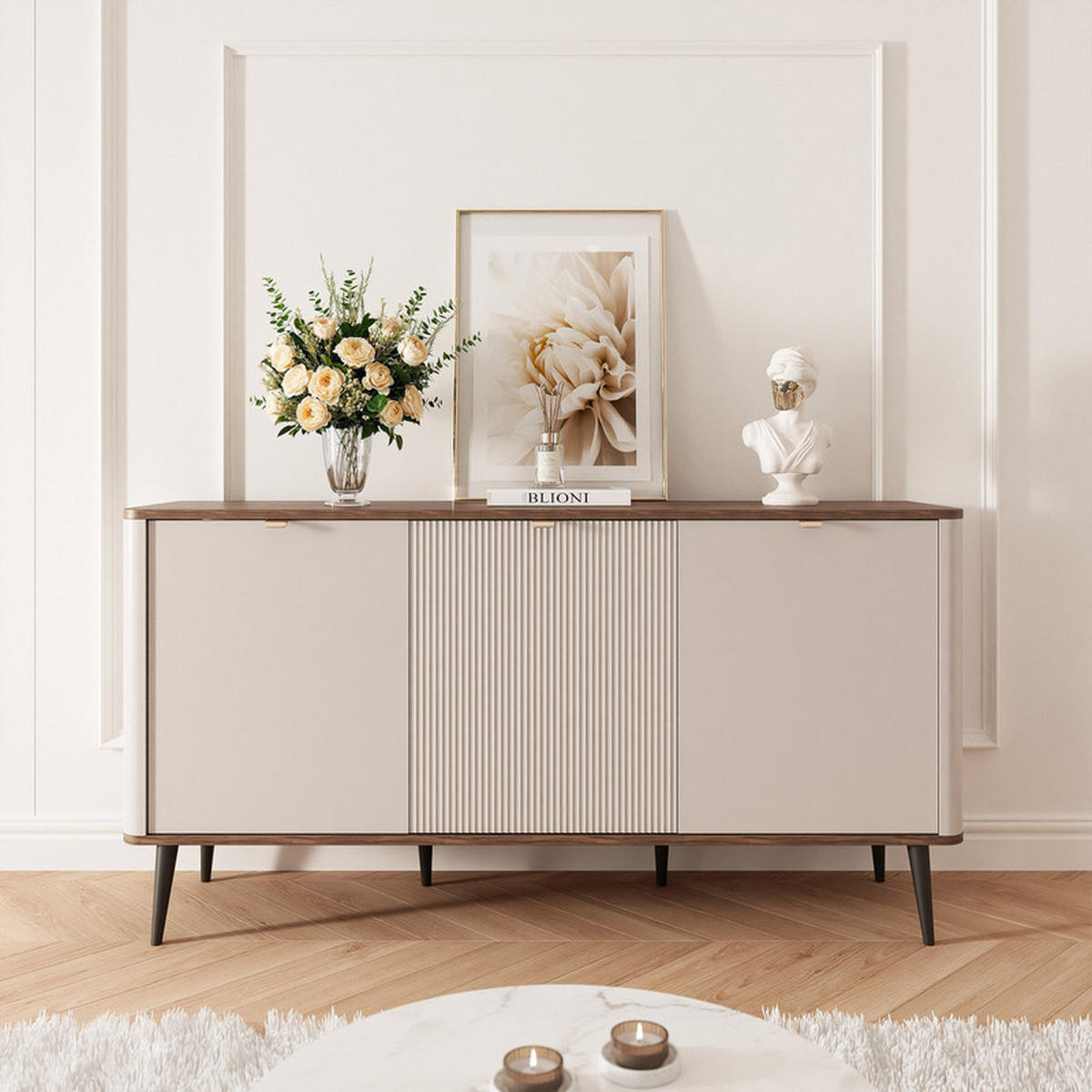 KOMMODE NAVANI 160 cm, Kaschmir / Nussbaum - Goldfarben/Nussbaumfarben, Holzwerkstoff/Metall (160/82/40cm) - Idohome