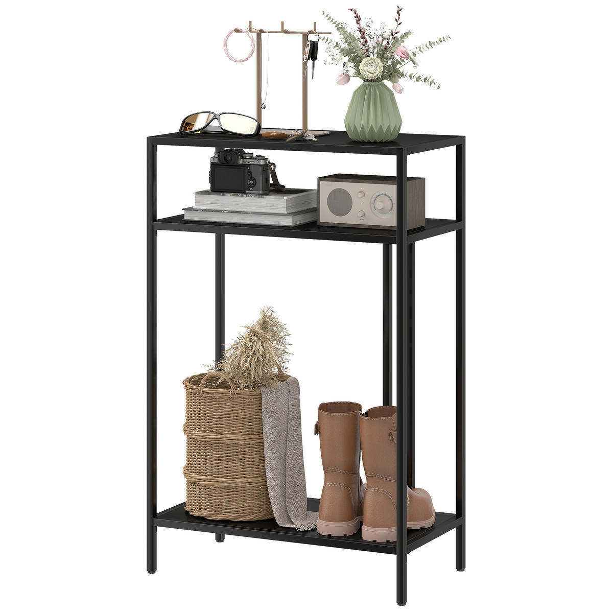 KONSOLENTISCH 3-stufige Ablagen Schmaler Eingangsbereichstisch Stahlrahmen für Wohnzimmer Flur 55 cm Schwarz - Schwarz, Metall (55/85/30cm)