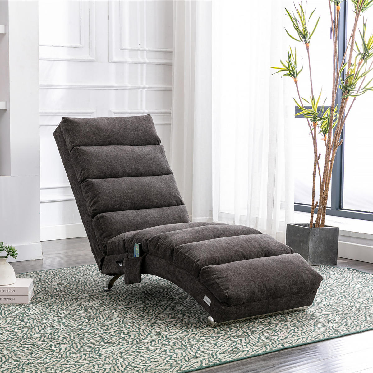 MASAŽNA FOTELJA u tamnosivoj boji s funkcijom vibracije, od lana - srebrne boje/tamno siva, drvni materijal/tekstil (55/84/148cm) - CHICFURN