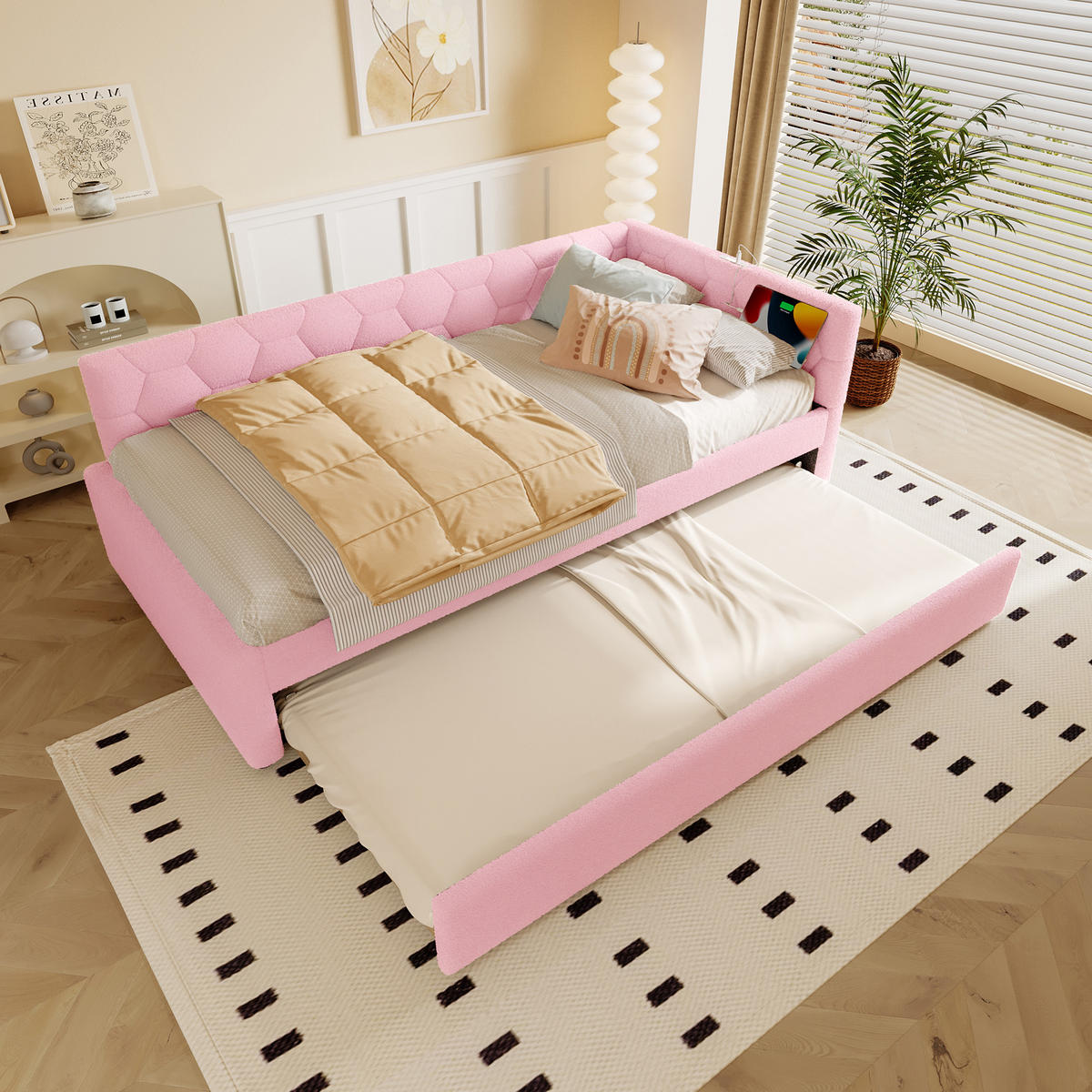 POLSTERBETT 90/200 cm rosa mit Ausziehbett und USB-Anschluss - Rosa, Textil (90/200cm) - OKWISH