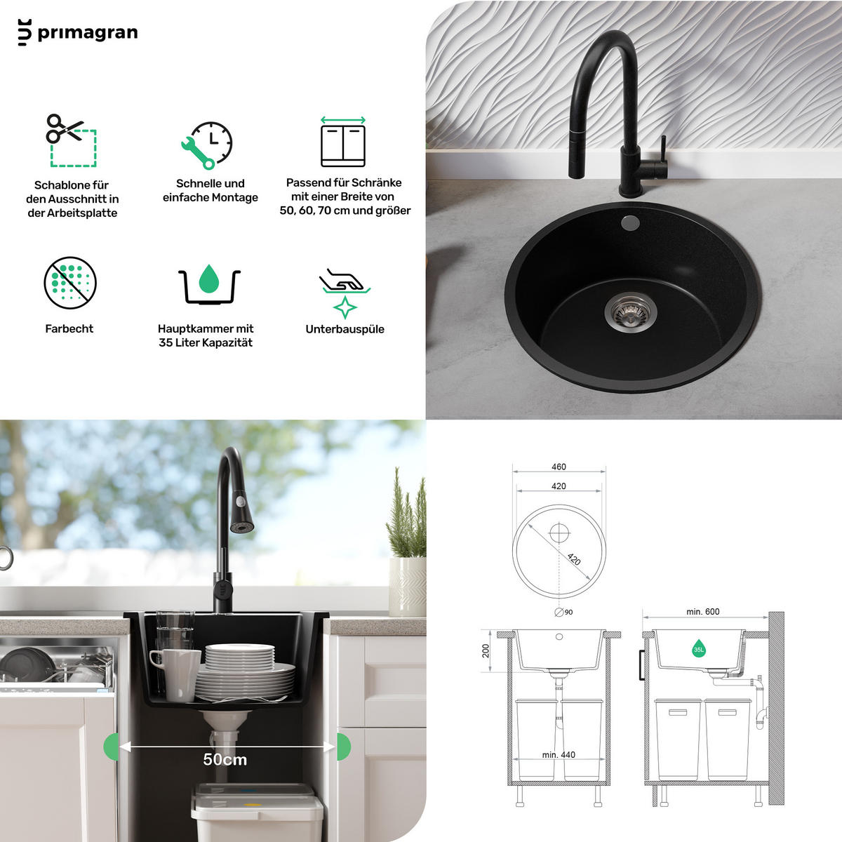 SPÜLBECKEN RUND Valletta Slim, 2-er set Weiß 46/46 cm 1 Becken + Ablauf-Set ab 50er Unterschrank - Chromfarben/Weiß, Kunststoff (46/20/46cm) - Primagran