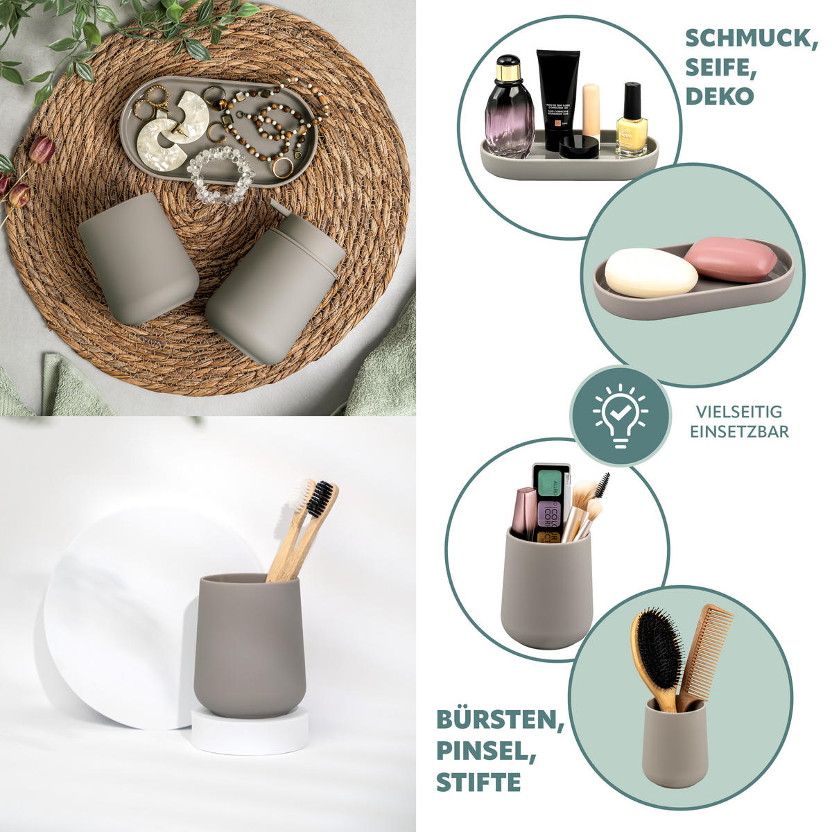 BAD-ACCESSOIRES-SET TESERO 3tlg., Soft-Touch, braun - Braun, Kunststoff (8.5/12/9cm) - eluno