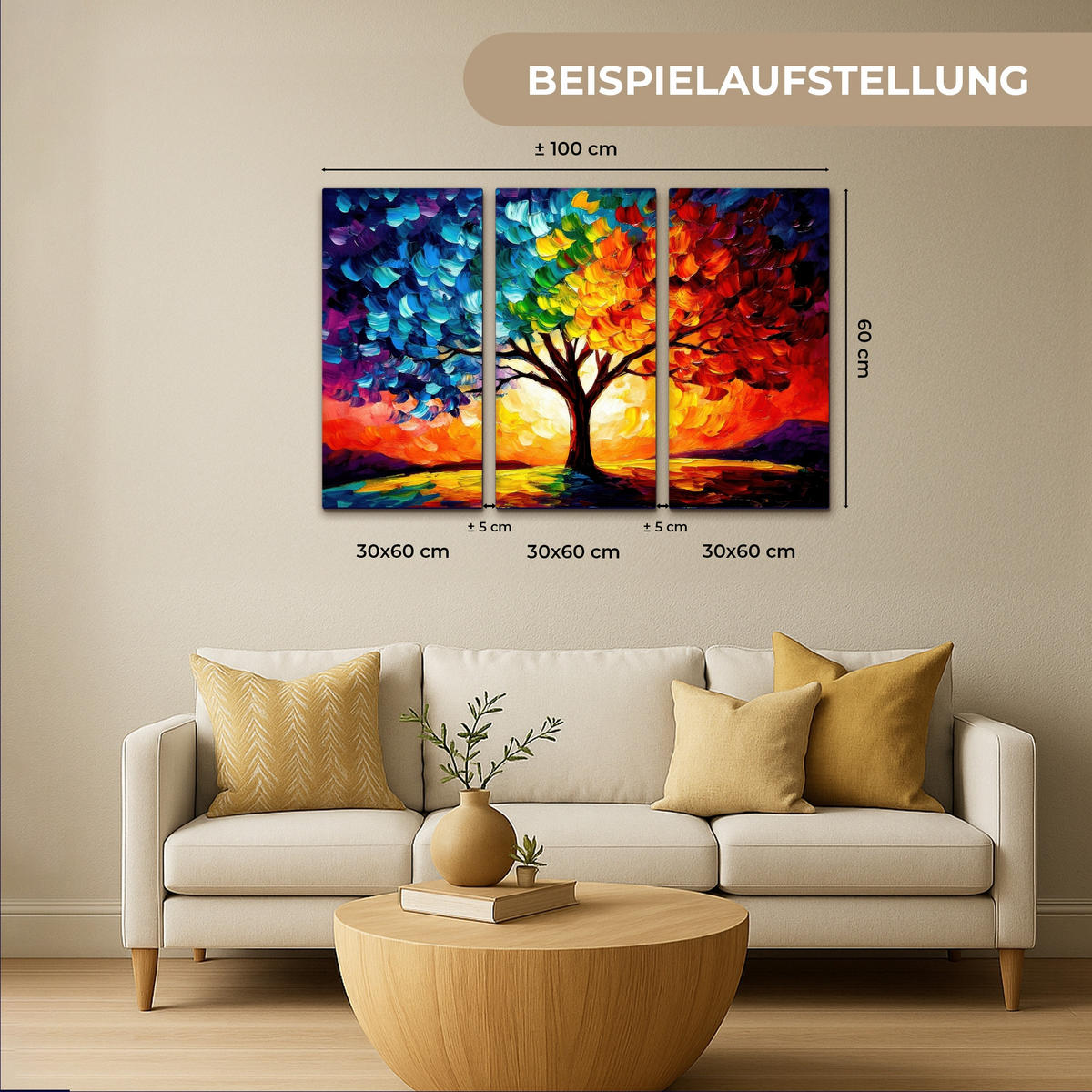 LEINWANDBILD 3er Set Baum - Farbenfroh - Malerei-Look - Abstrakt 90x60 cm - Multicolor, Textil (90/60cm) - MuchoWow