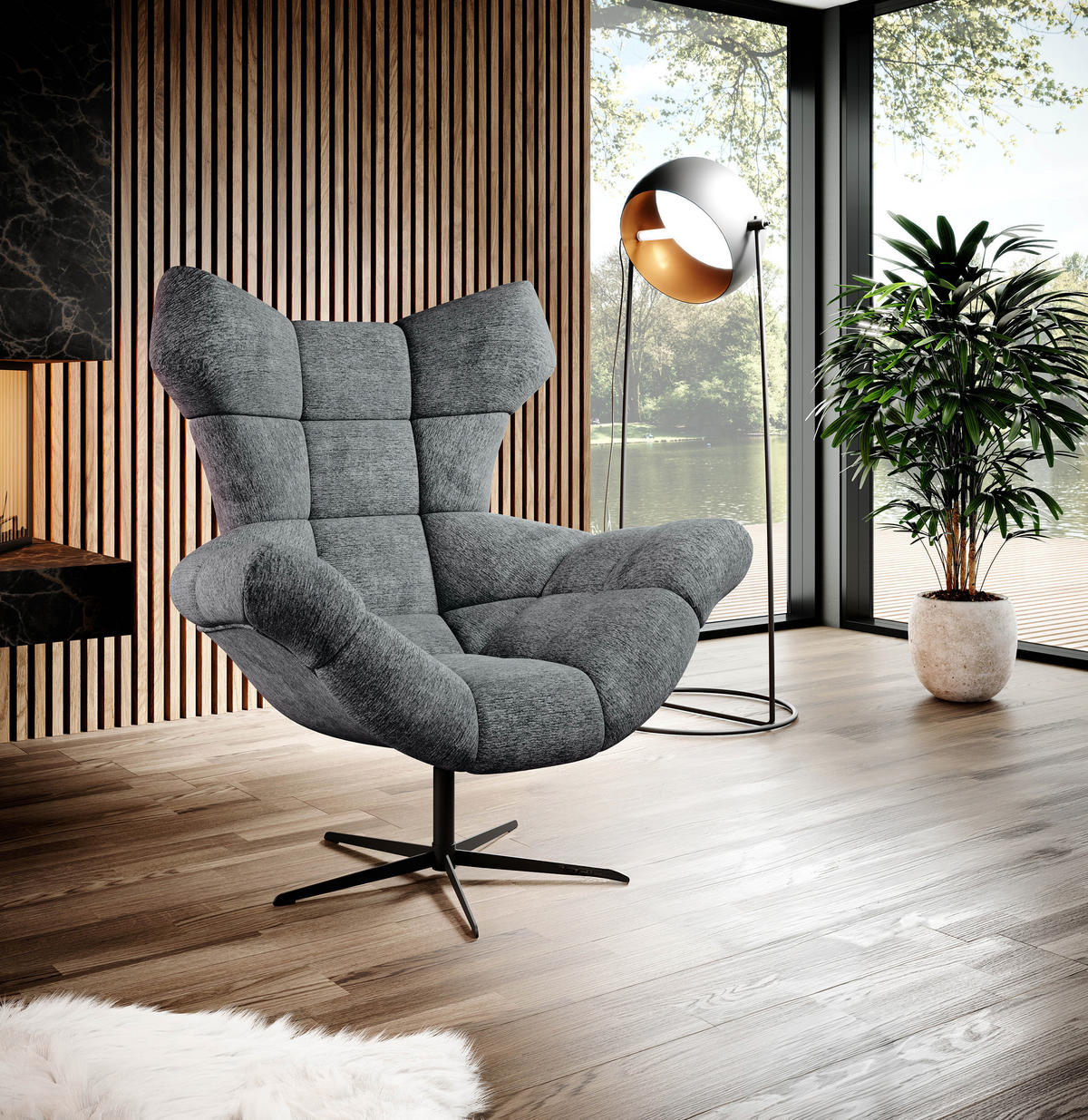 SESSEL SENSI Relaxstuhl mit 360° Drehung und Schwingfunktion – Lux-Schaumkissen, Dunkelgrau, 104x46x119 cm - Anthrazit/Schwarz, Holz/Textil (104/119/84cm) - DomoHome