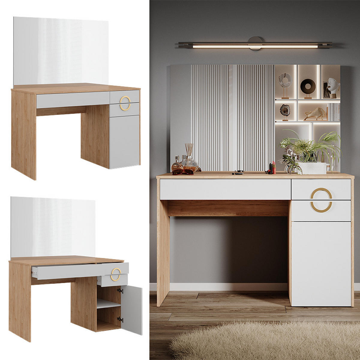 SCHMINKTISCH Adela Natural Rockford Hickory 115 cm mit Spiegel - Trüffeleichefarben/Weiß, Holzwerkstoff (115/76.4/55cm) - Vicco