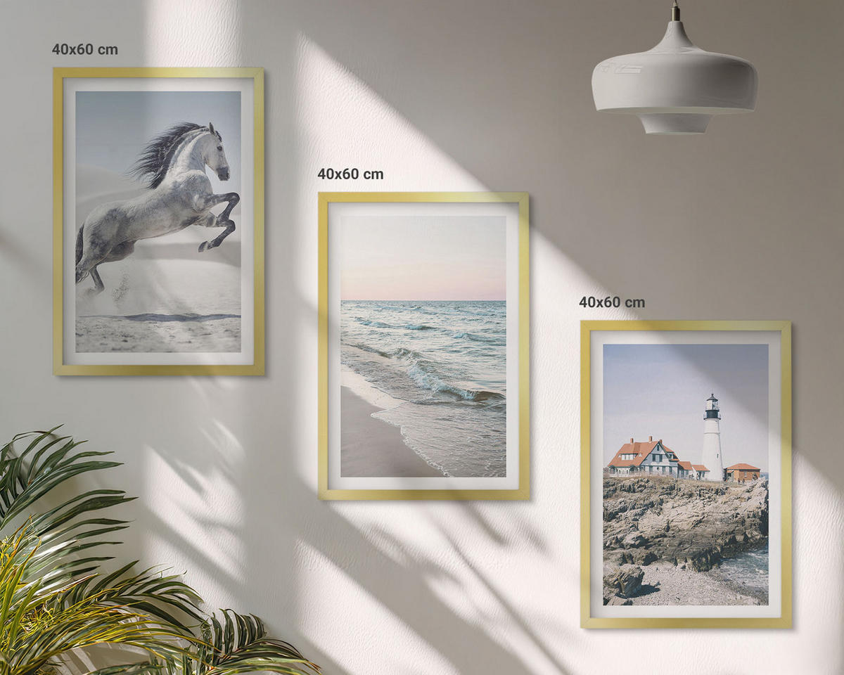 BILDER SET 3er Set - 40x60 cm Goldrahmen - Pferde, Strand, Leuchtturm, Wellen - Goldfarben, Kunststoff (40/60cm) - TULUP