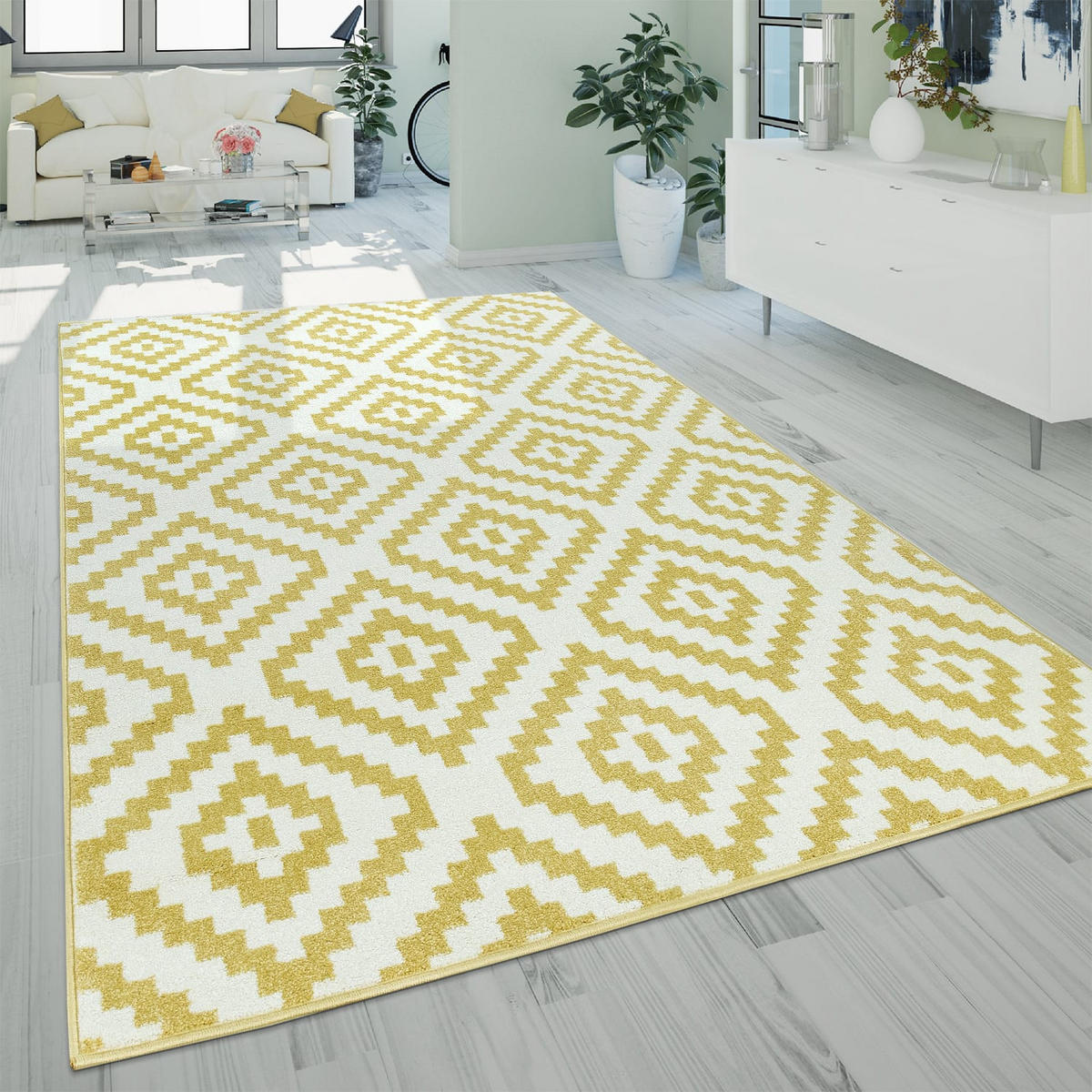 KURZFLORTEPPICH, mit Rautenmuster, aus Polypropylen, Gelb, 200 x 280 cm - Gelb, Textil (200/280cm) - KADIMA DESIGN