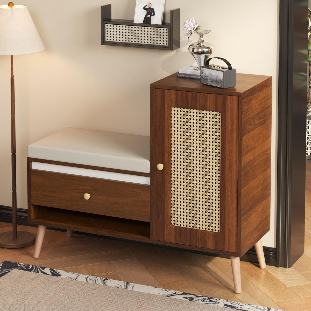 SCHUHBANK 95,5/35/80,5 cm mit Sitzkissen, Schubladen und Rattan-Optik - Naturfarben, Holzwerkstoff (95.5/80.5/35cm) - BEAOK