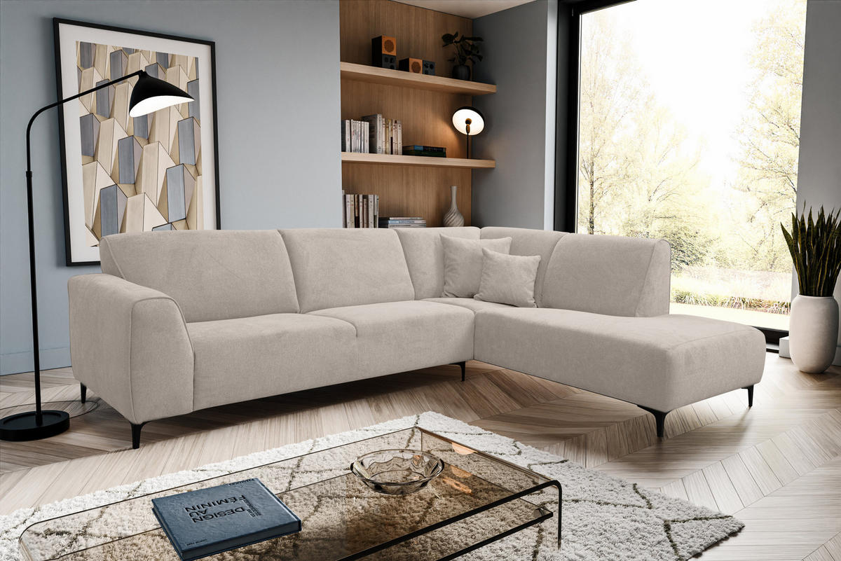ECKSOFA Mula in L-Form, Coach Farbe: Beige, Velourstoff, Ottomane Rechts - Beige, Textil (274/210cm) - VENASI MÖBEL