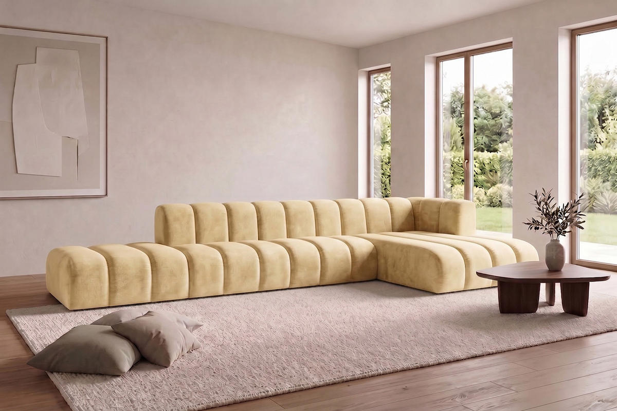 ECKSOFA Modulares In L-Form Mit Hocker, Velvet-Stoff Riviera, Buttergelb, Rechts, GRAND - Hellgelb, Holz (386/179cm) - Kaiser Möbel
