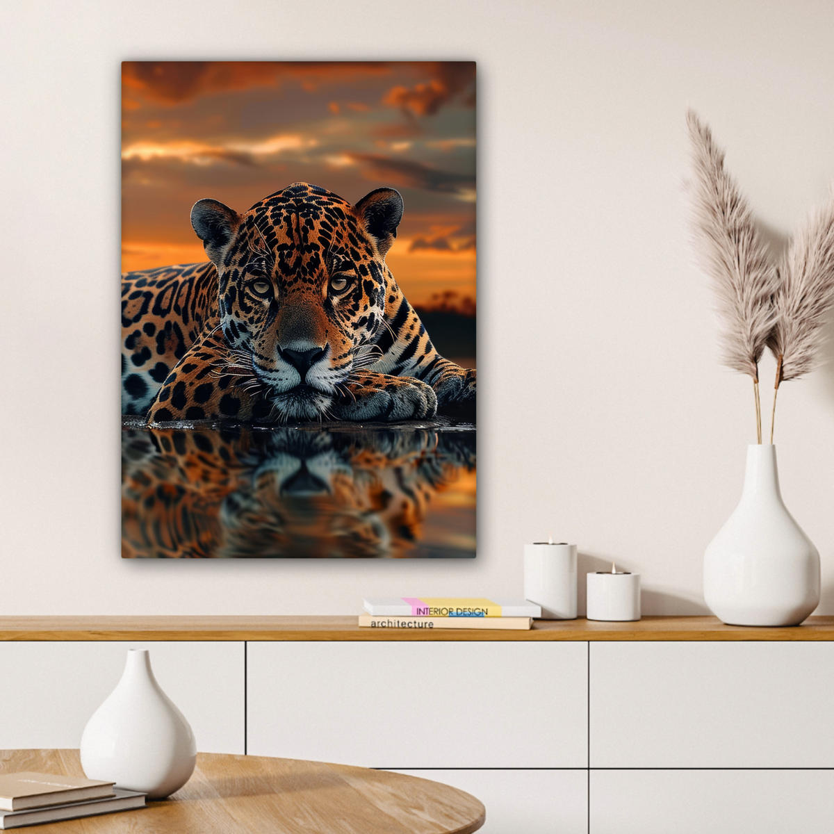 LEINWANDBILD Natur - Leopard - Tier - Sonnenuntergang - Modern Wandbild Wohnzimmer 60x80 cm - Orange, Textil (60/80cm) - MuchoWow