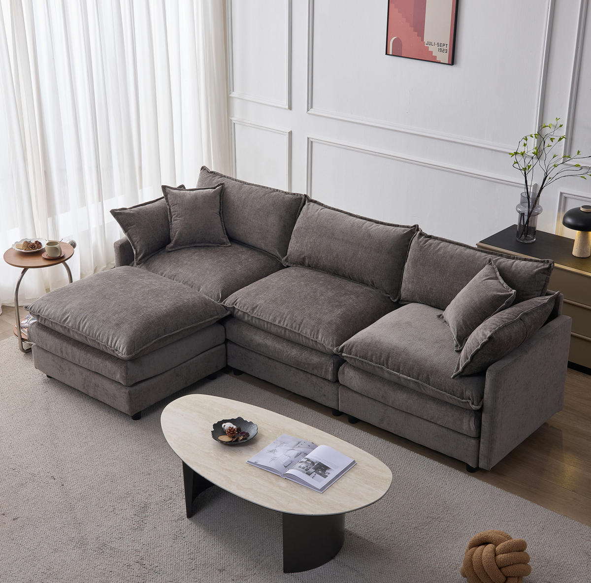 ECKSOFA 267/154/85 cm grau aus Chenille mit Hocker und modularem Aufbau - Grau, Textil (154/267cm) - OKWISH