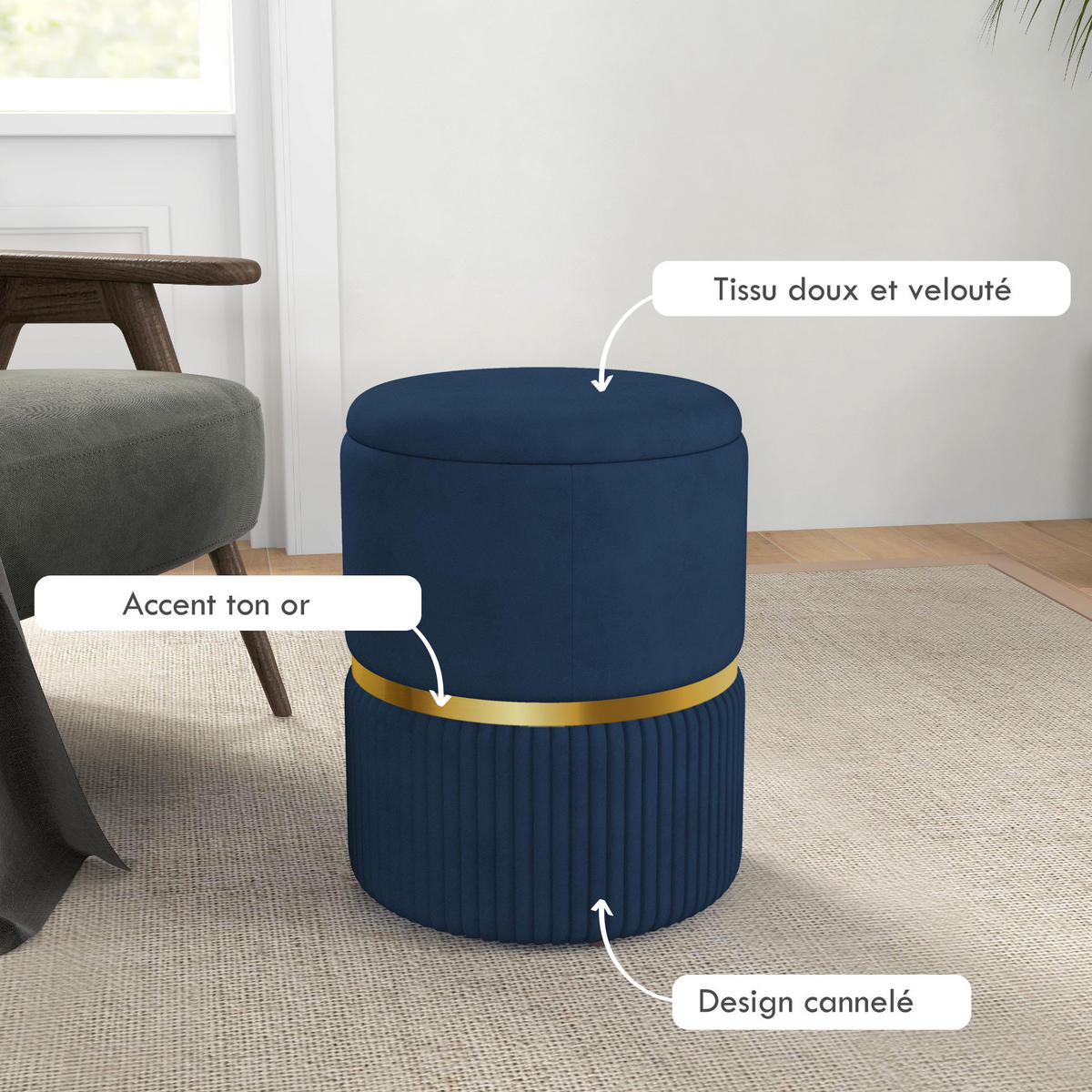 POUF DE-16385 mit Stauraum und Rippenvelours Blau - Blau, Textil (36/44/36cm) - ComfortXL