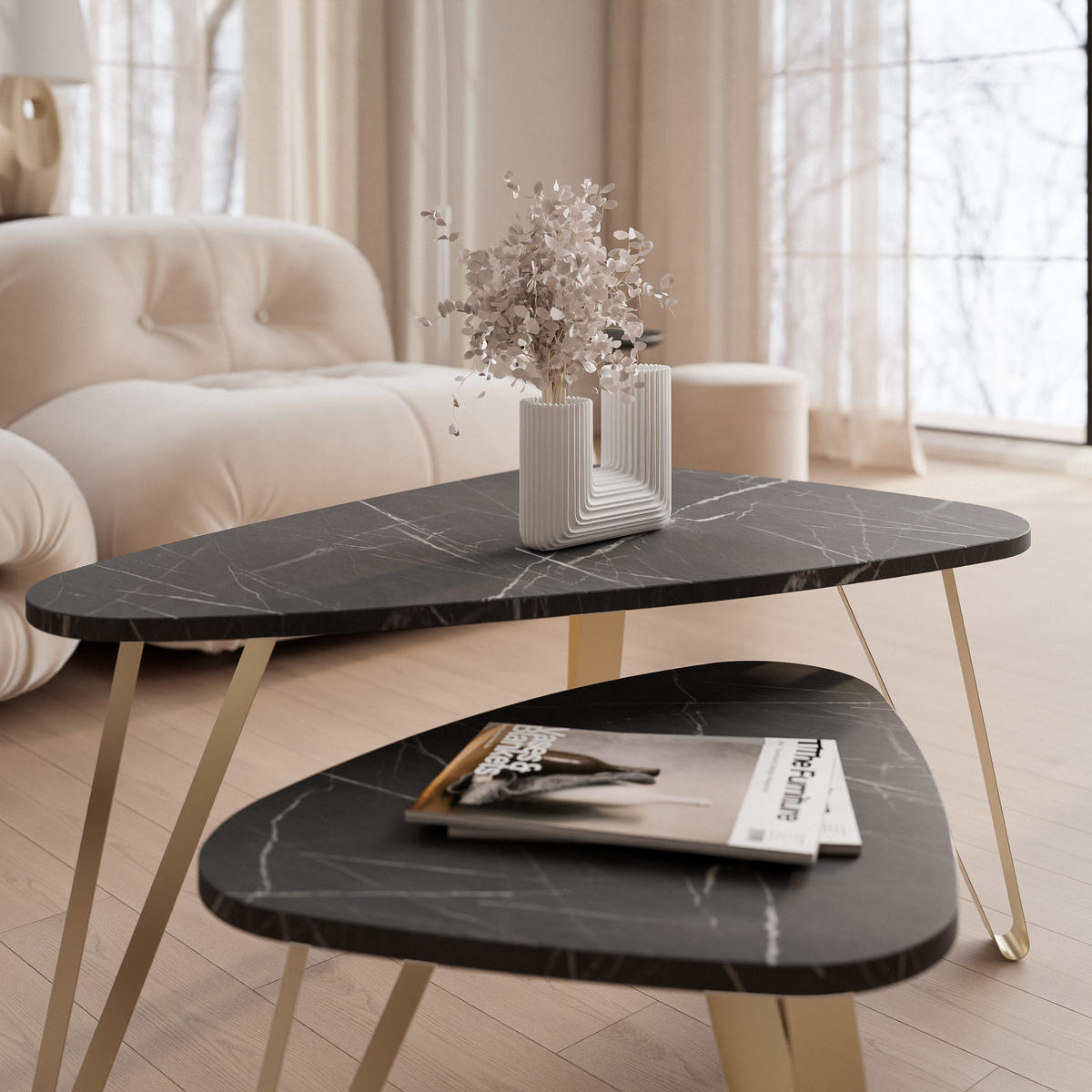 SATZTISCH NOA Stahlgestell, Freiform, Gold / Grigia Pietra - Goldfarben/Grau, Holzwerkstoff (94/60/42cm) - Idohome
