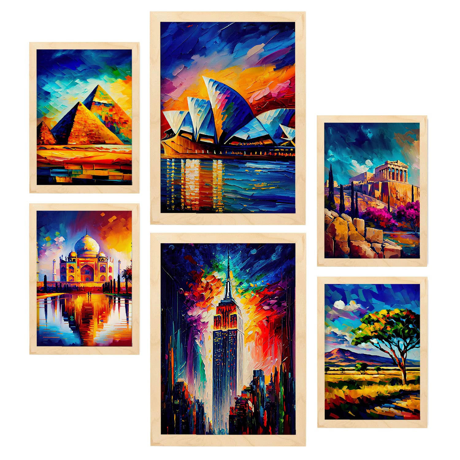 POSTER Set Mit 6 Erhöht Im Ölgemälde Stil A3 & A4 Rahmen Aus Hellem Holz - Beige, Papier (29/3cm) - Nacnic