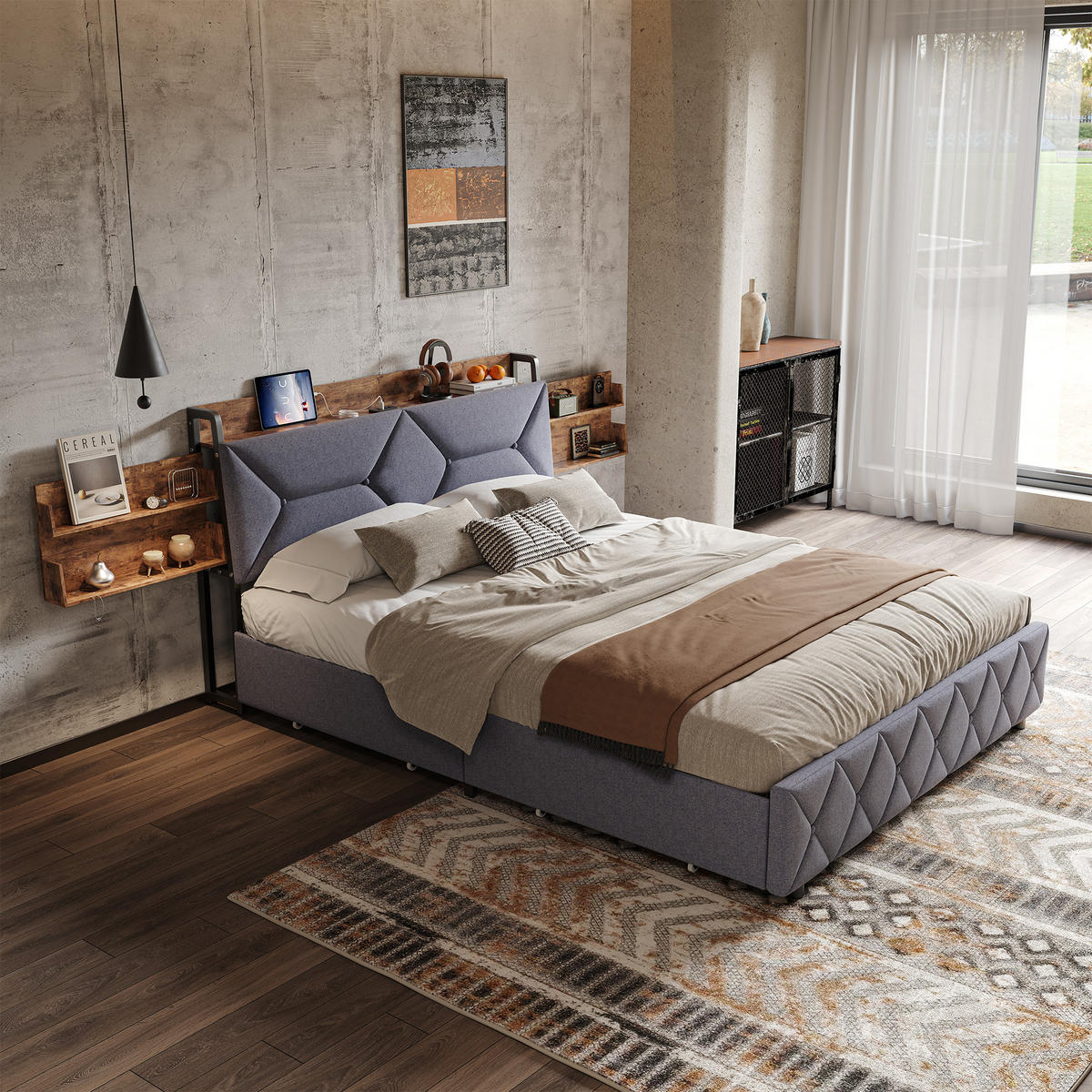 POLSTERBETT 140x200cm Grau Mit 4 Schubladen, USB & Type-C Anschlüsse - Grau, Holz (140/200cm)
