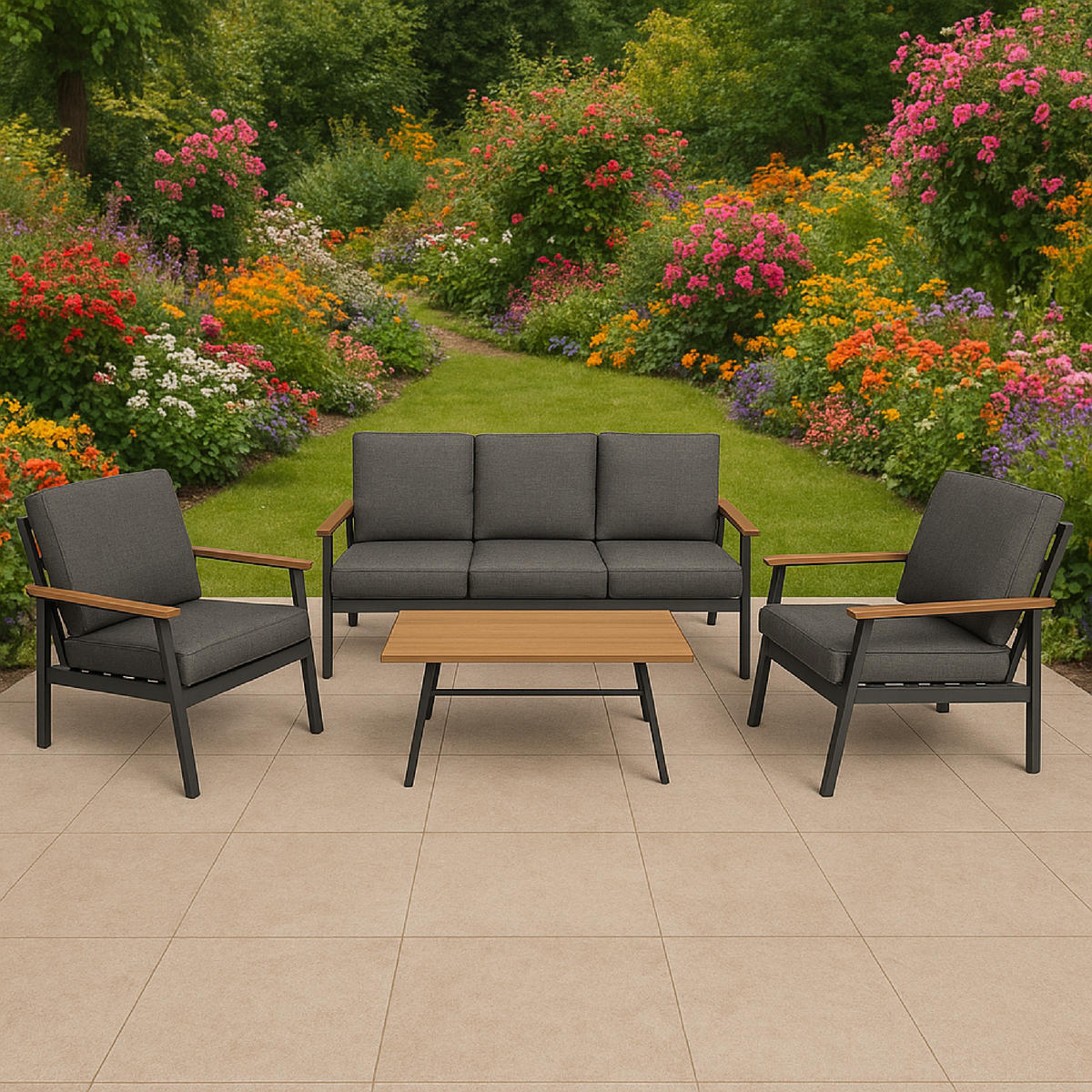 LOUNGESET Chatham - 4-teilig (1x 3-Sitzer Sofa mit Polster, 2x 1-Sitzer Lehnensessel mit Polster, 1x Kaffetisch) - Grau, Metall - TPFGarden