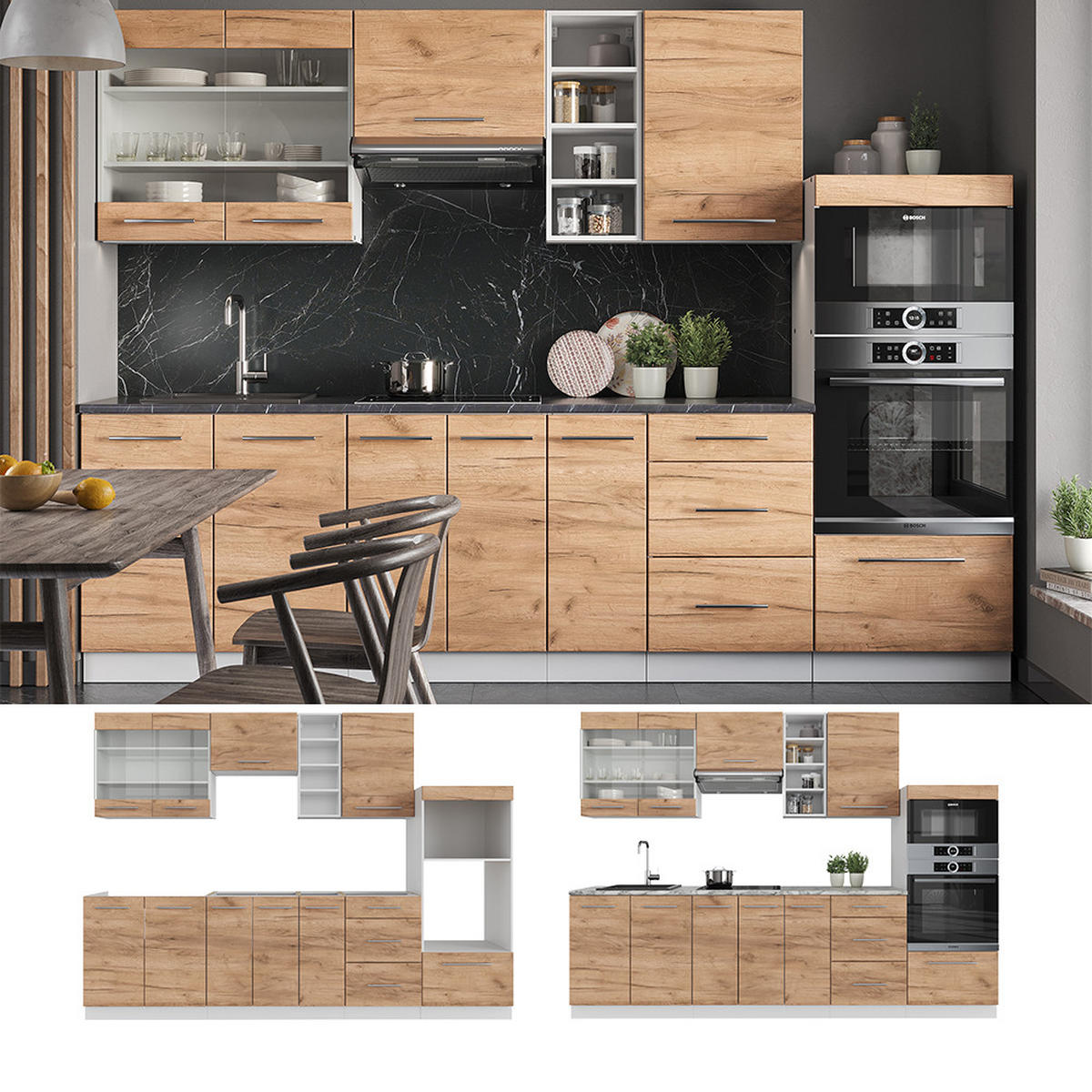 KÜCHENZEILE Fame-Line Goldkraft Eiche/Weiß 280 cm, AP Eiche - Eiche Wotan/Weiß, Holzwerkstoff (280/81.6/60cm) - Vicco