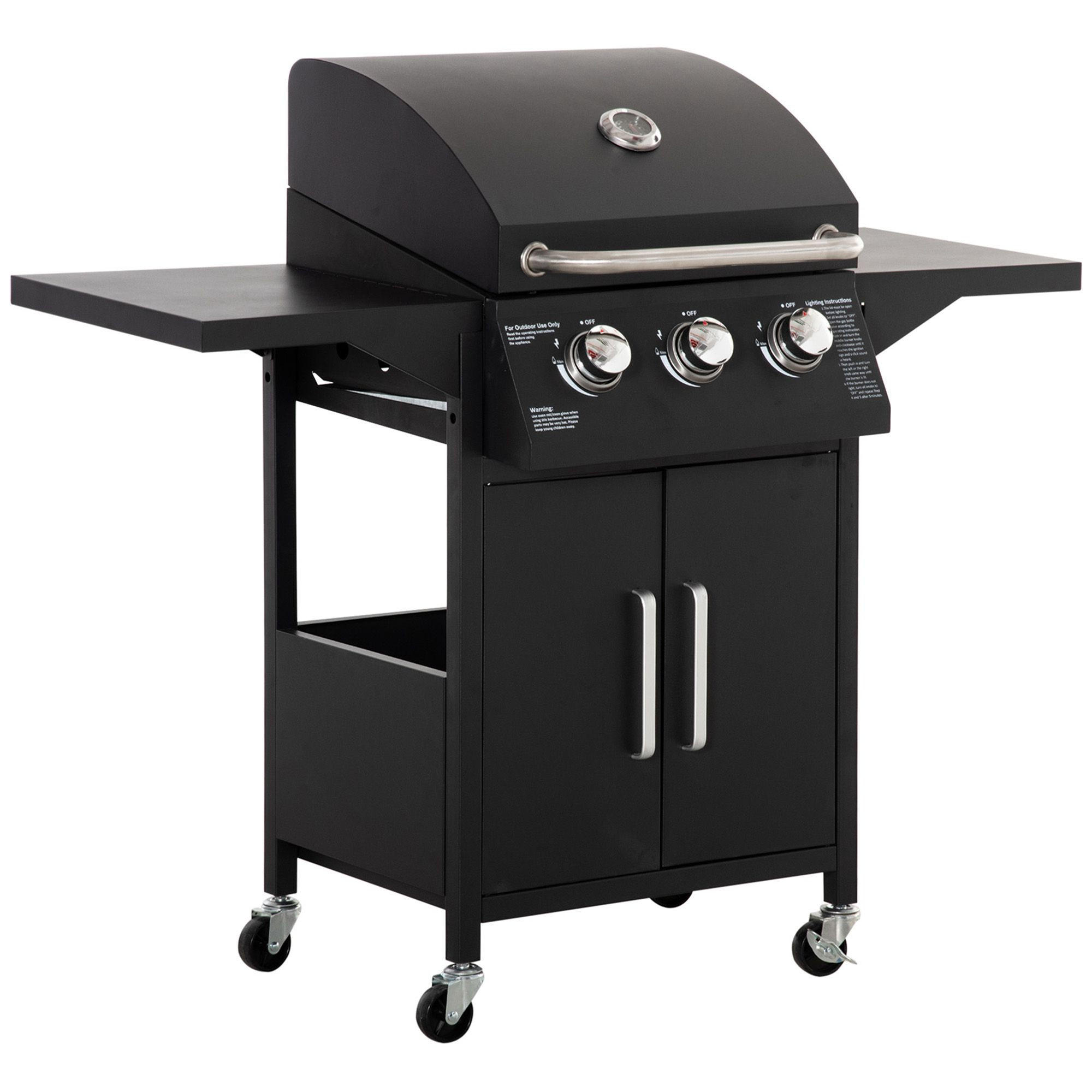 GASGRILL BBQ mit 3 Brennern Stahl Schwarz 121 x 55 x 109 cm - Schwarz, Metall (55/109/121cm) - Outsunny