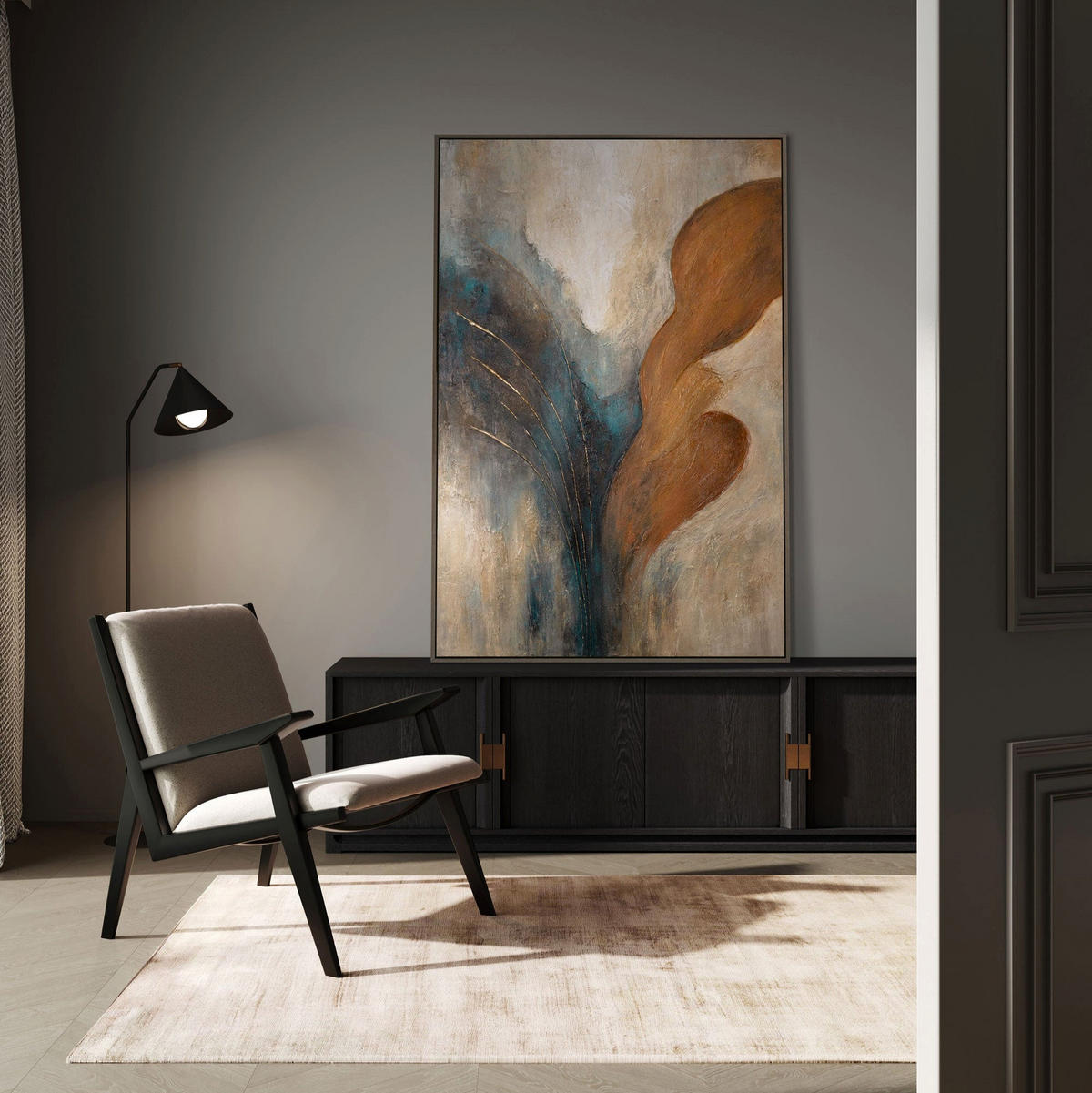 GEMÄLDE Wind und Gold Schattenfugenrahmen Beige 140x100 cm - Beige, Holz (140/100cm) - YS-art gallery