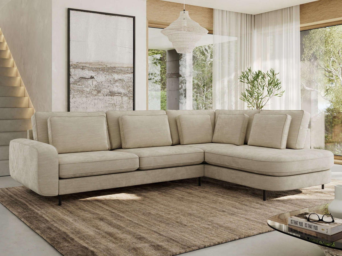 ROHOVÁ SEDAČKA CALENO L - Béžová Hrubě tkaná žinylka - Levá Strana - černá/béžová, kov/textil (317/225cm) - MKS